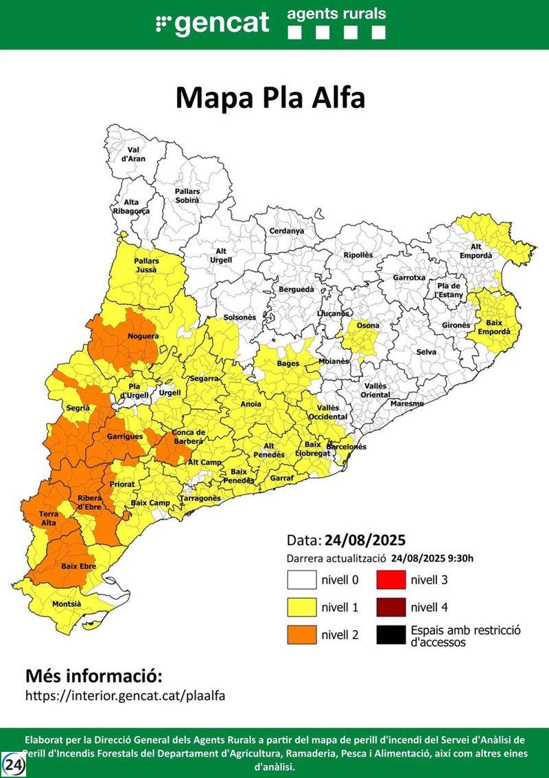Alerta de alto riesgo de incendios este domingo en 79 municipios de Tarragona y Lleida.