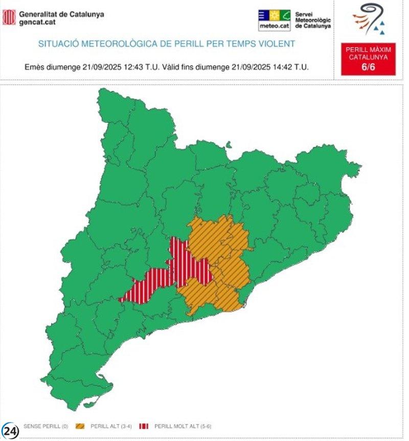 Meteocat alerta sobre severas condiciones climáticas en siete comarcas de Barcelona y Tarragona.