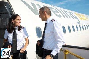 Pilotos de Vueling adoptan galones rosas en apoyo al Día Internacional del Cáncer de Mama.